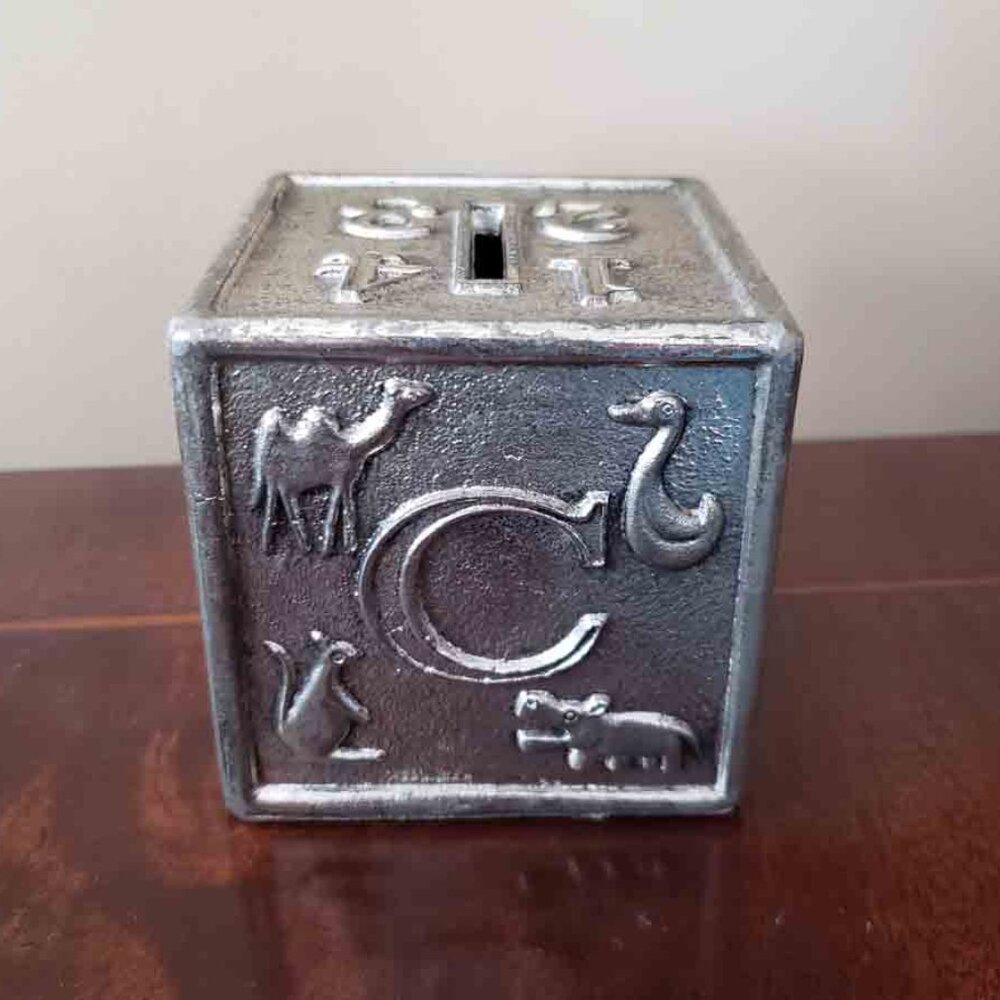 Vintage Raimon Japan Alphabet Cube Block Metal Coin Bank Kid's Children's